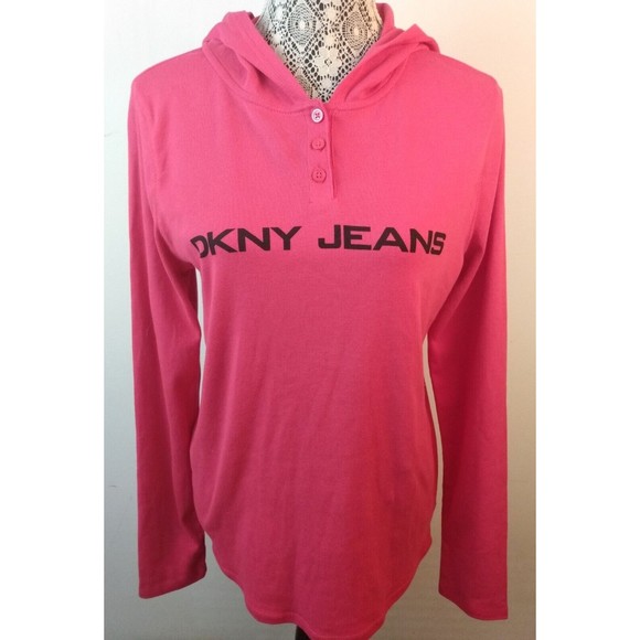 DKNY Jeans Logo Women Hooded Pullover Long Sleeves Top Retro Style Pink SZ L